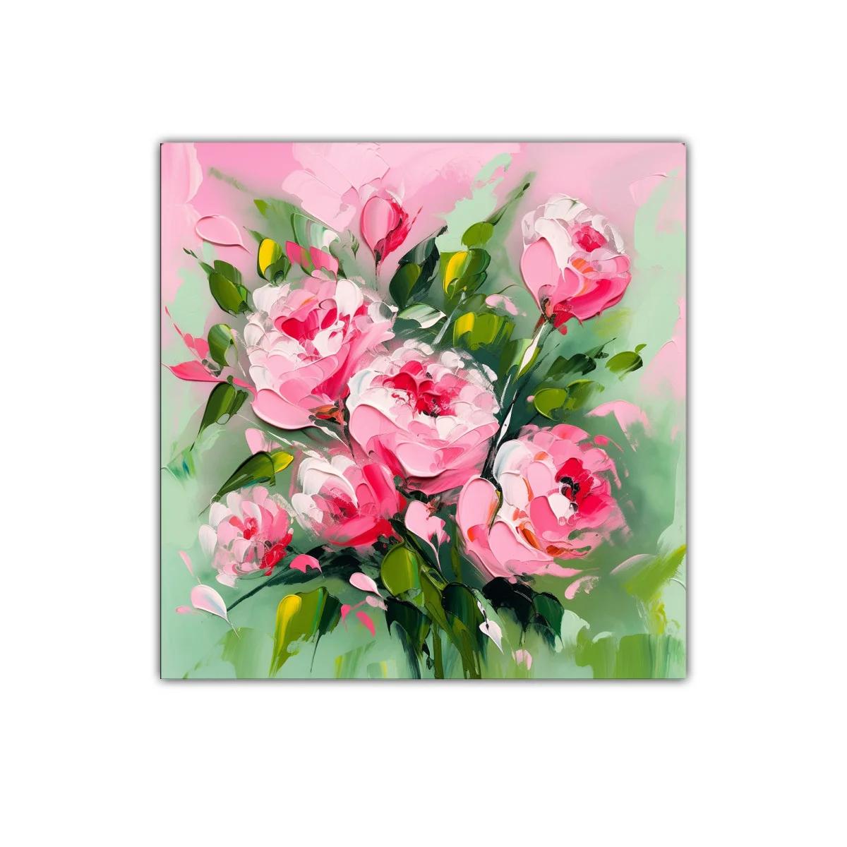 Cuadro decorativo con flores rosas y hojas verdes vibrantes