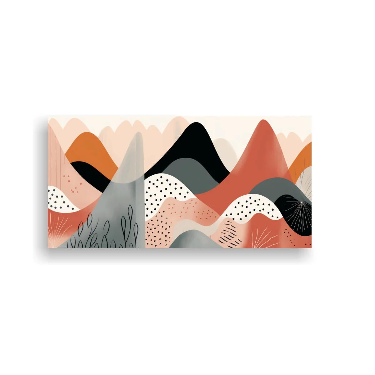 Cuadro paisaje abstracto de montañas con motivos de hojas y abanicos