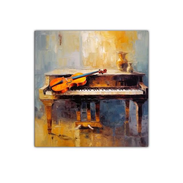 Cuadro decorativo piano con violín en tonos cálidos y fríos