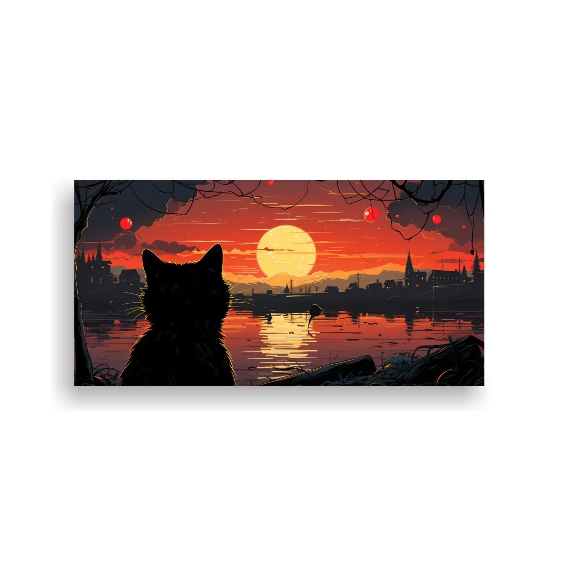 Cuadro gato negro en la orilla con luna llena y ciudad al fondo