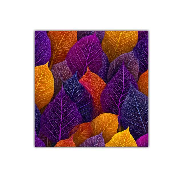 Cuadro decorativo con hojas en tonos morados y dorados vibrantes