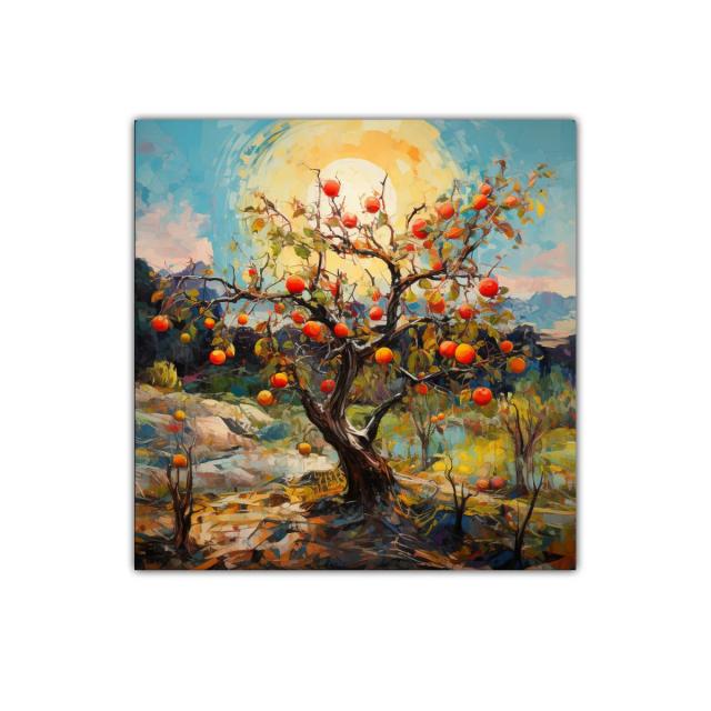 Árbol frutal bajo sol radiante con colores vivos