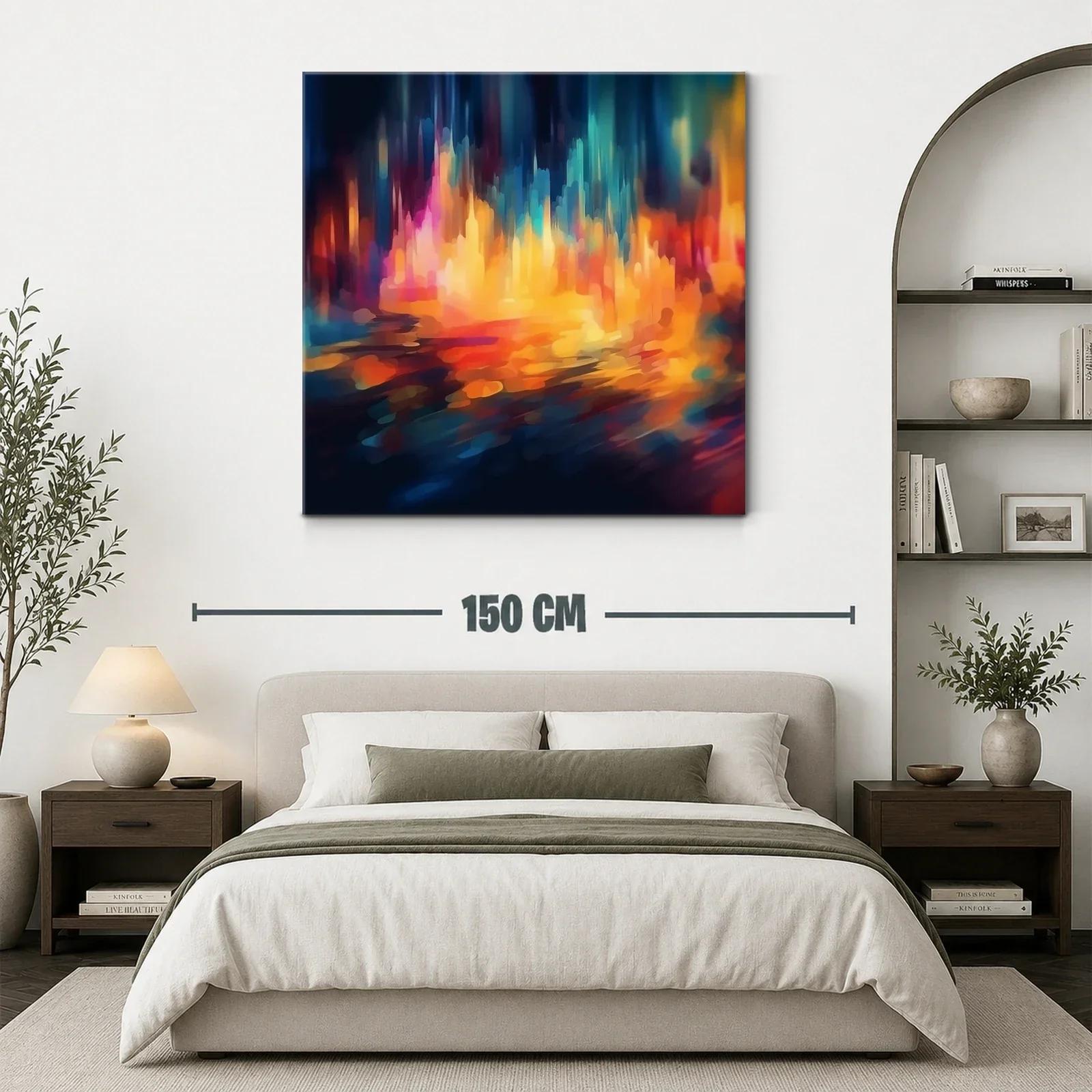 Cuadro abstracto con vibrantes luces en tonos cálidos y fríos — miniatura 3