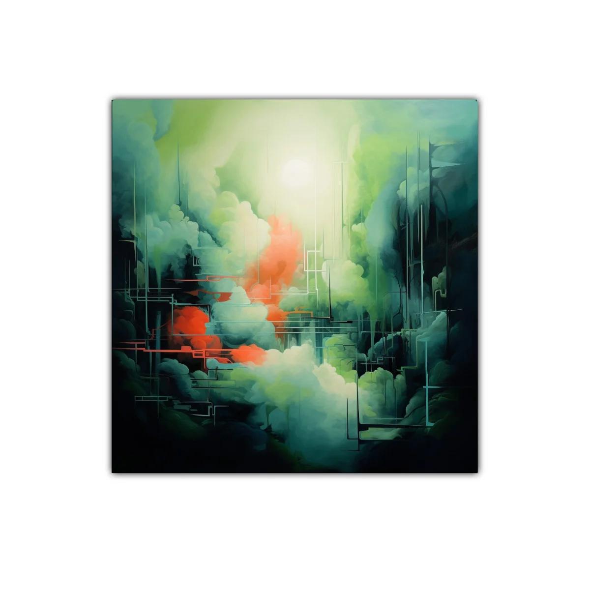 Cuadro abstracto con tonos verdes y toques cálidos vibrantes