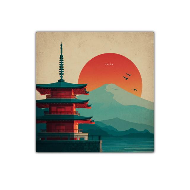 Paisaje japonés con pagoda y monte Fuji al atardecer