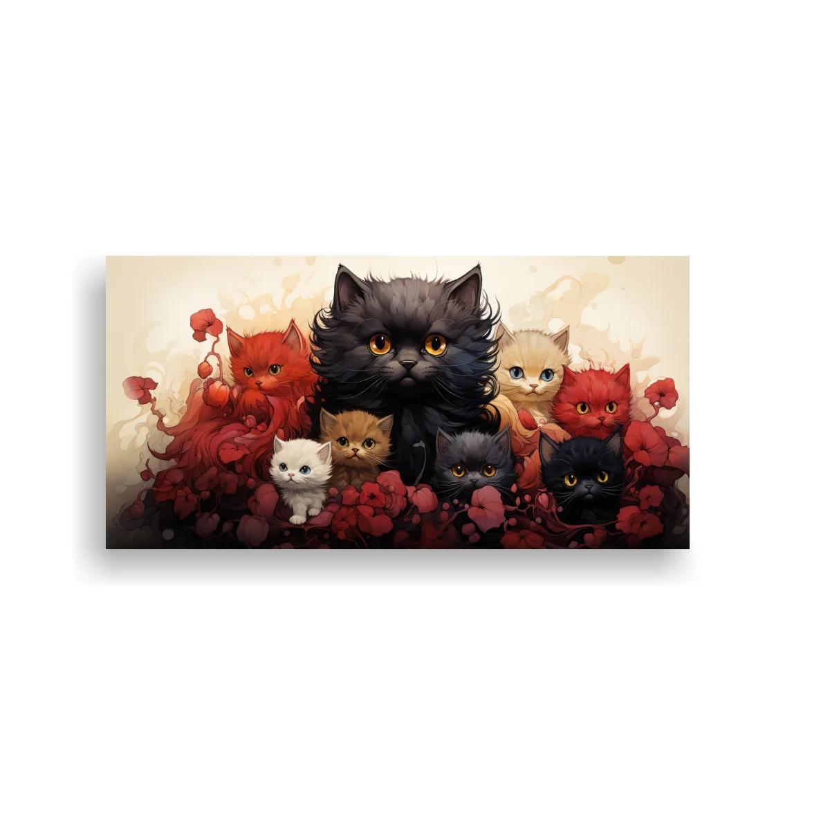 Cuadro gata negra con gatitos entre flores rojas — imagen principal