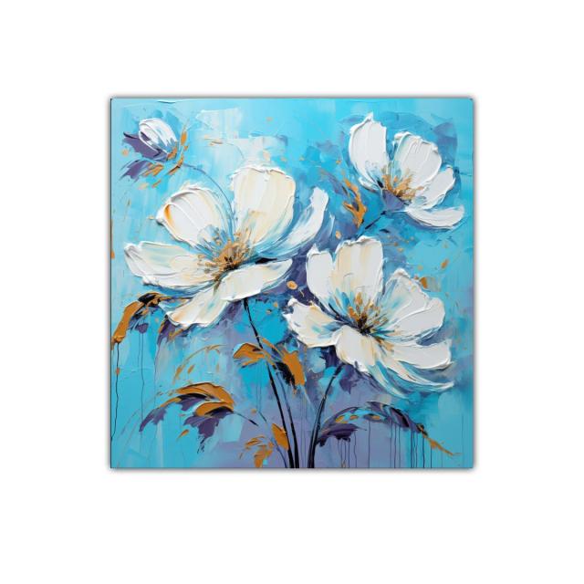 Cuadro floral con grandes flores blancas y fondo azul vibrante