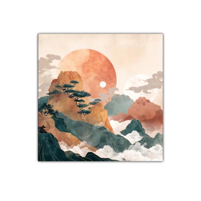 Paisaje de montañas con sol y niebla en tonos cálidos