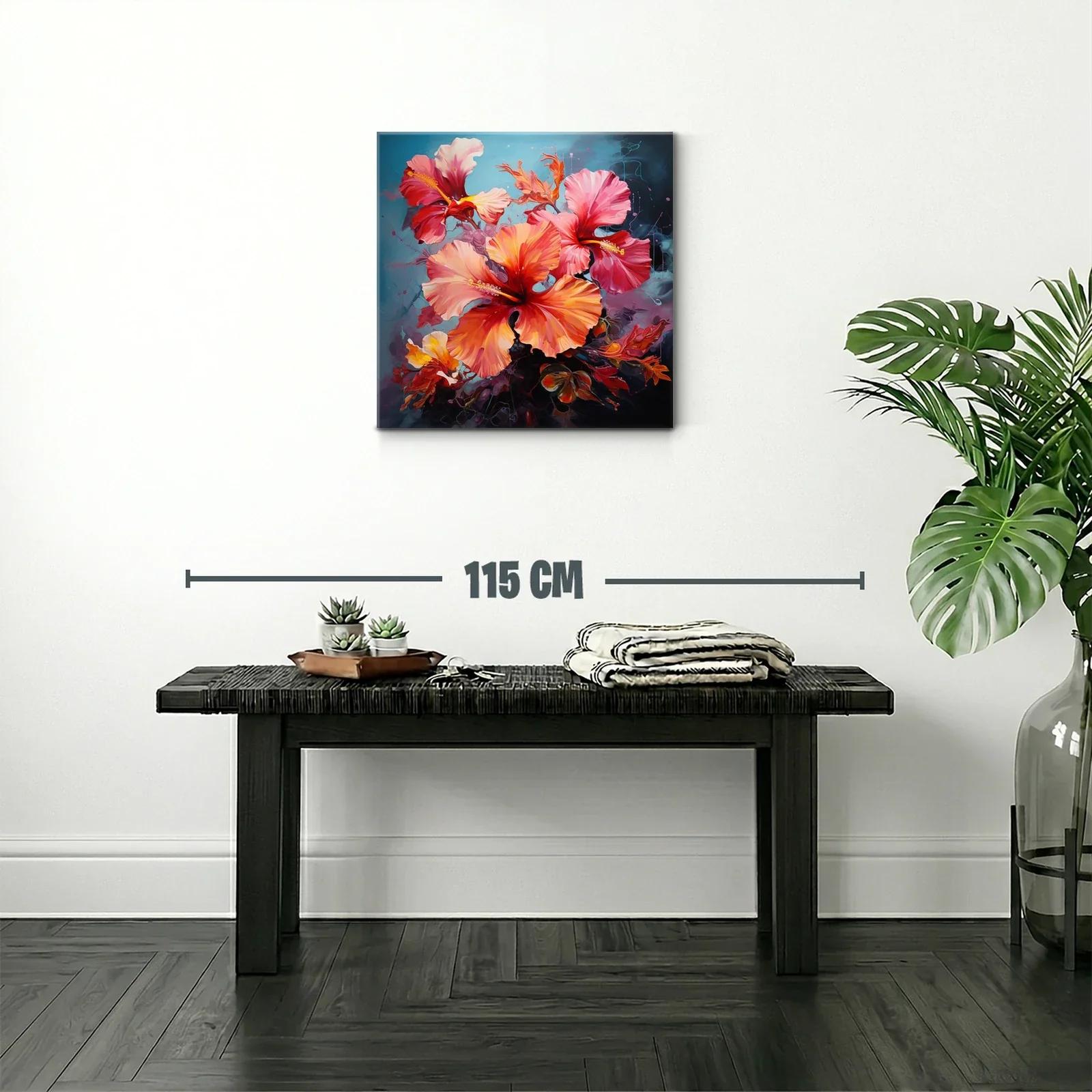 Cuadro floral con vibrantes tonos cálidos y fondo azul — miniatura 2