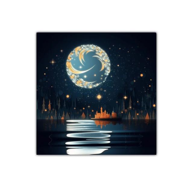 Cuadro mágico con luna decorativa sobre lago tranquilo