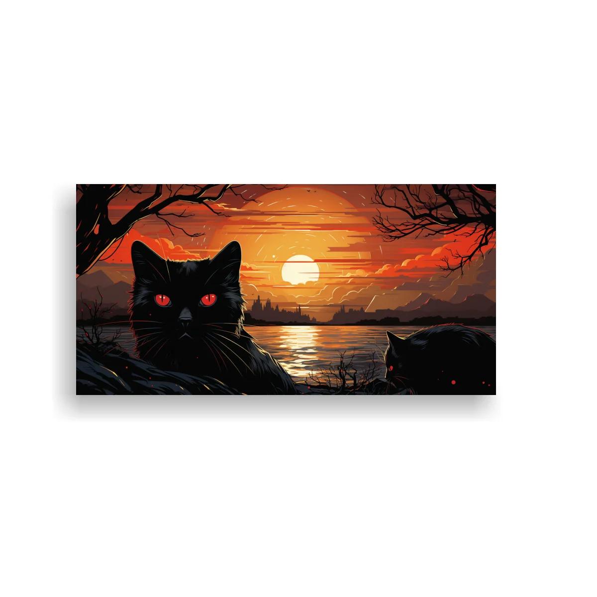 Cuadro gato negro de ojos rojos junto al lago al atardecer
