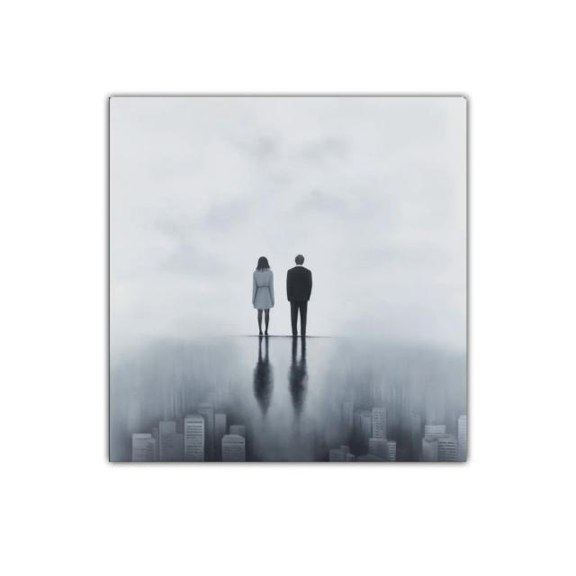 Figura contemplativa sobre ciudad nebulosa en tonos grises