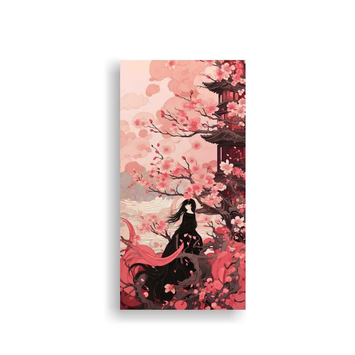 Cuadro mujer con kimono y pagoda entre cerezos en flor