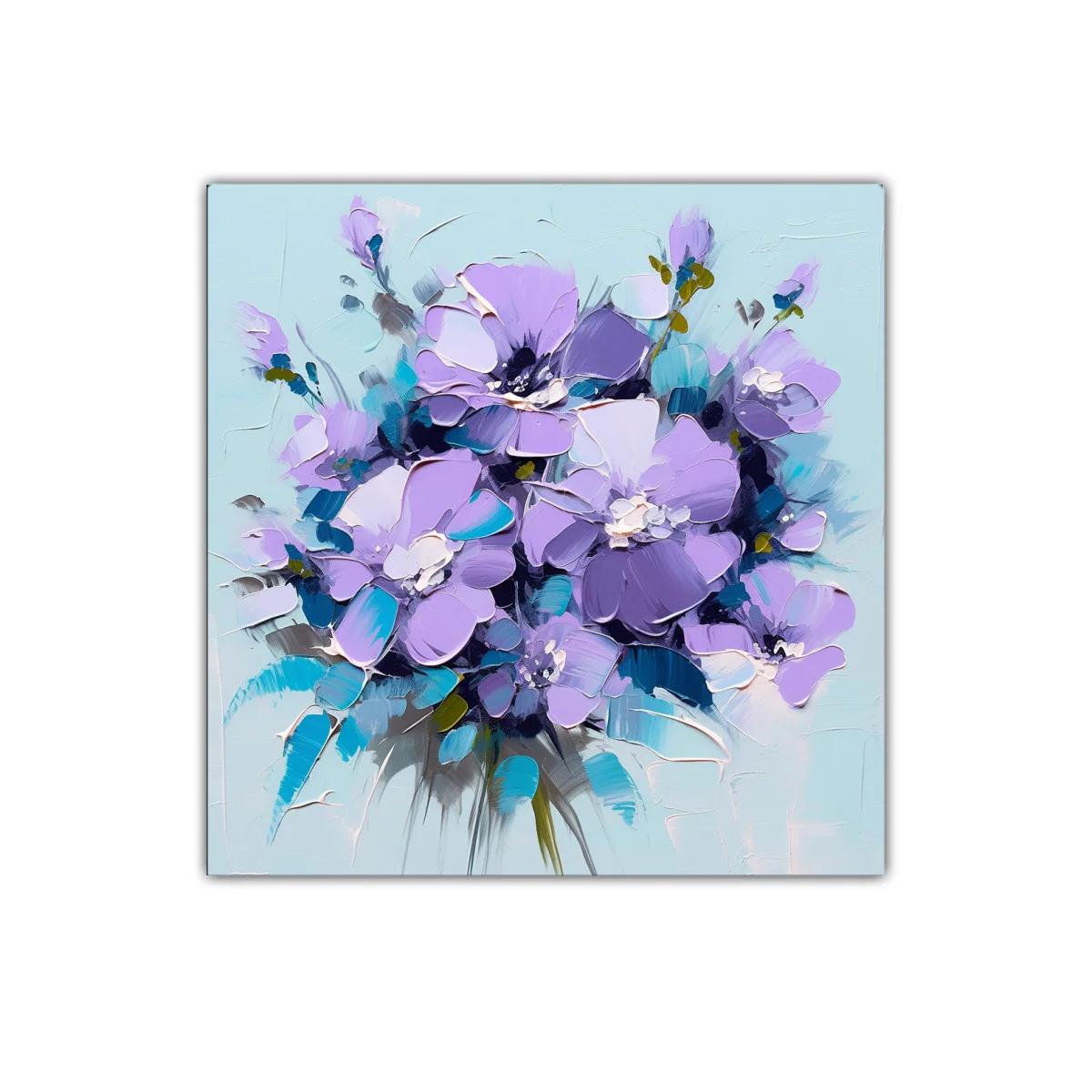 Cuadro floral con flores en tonos lilas y azules delicados