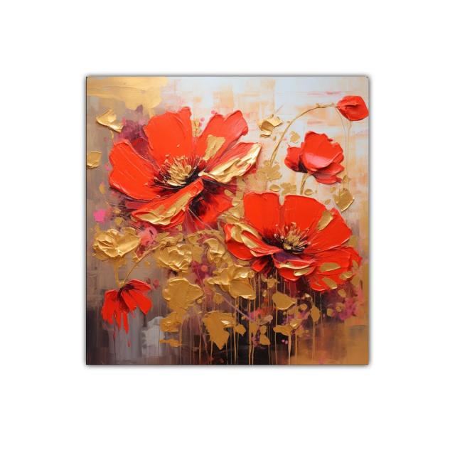 Cuadro floral vibrante con toques dorados y rojos intensos