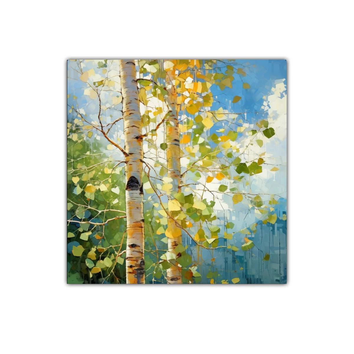 Cuadro decorativo de abedules con luz natural y hojas verdes — miniatura 1