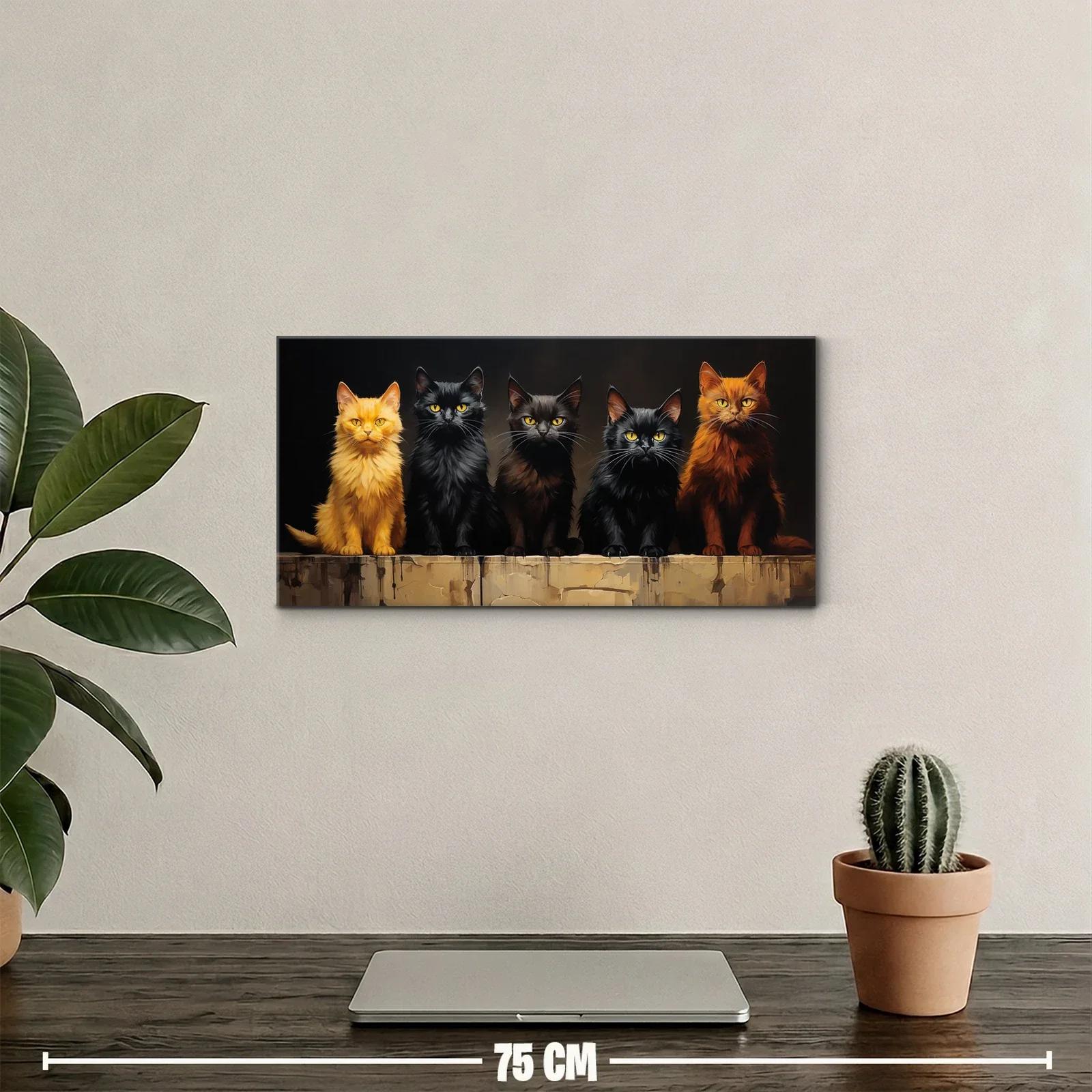 Cuadro cinco gatos alineados sobre madera — miniatura 2