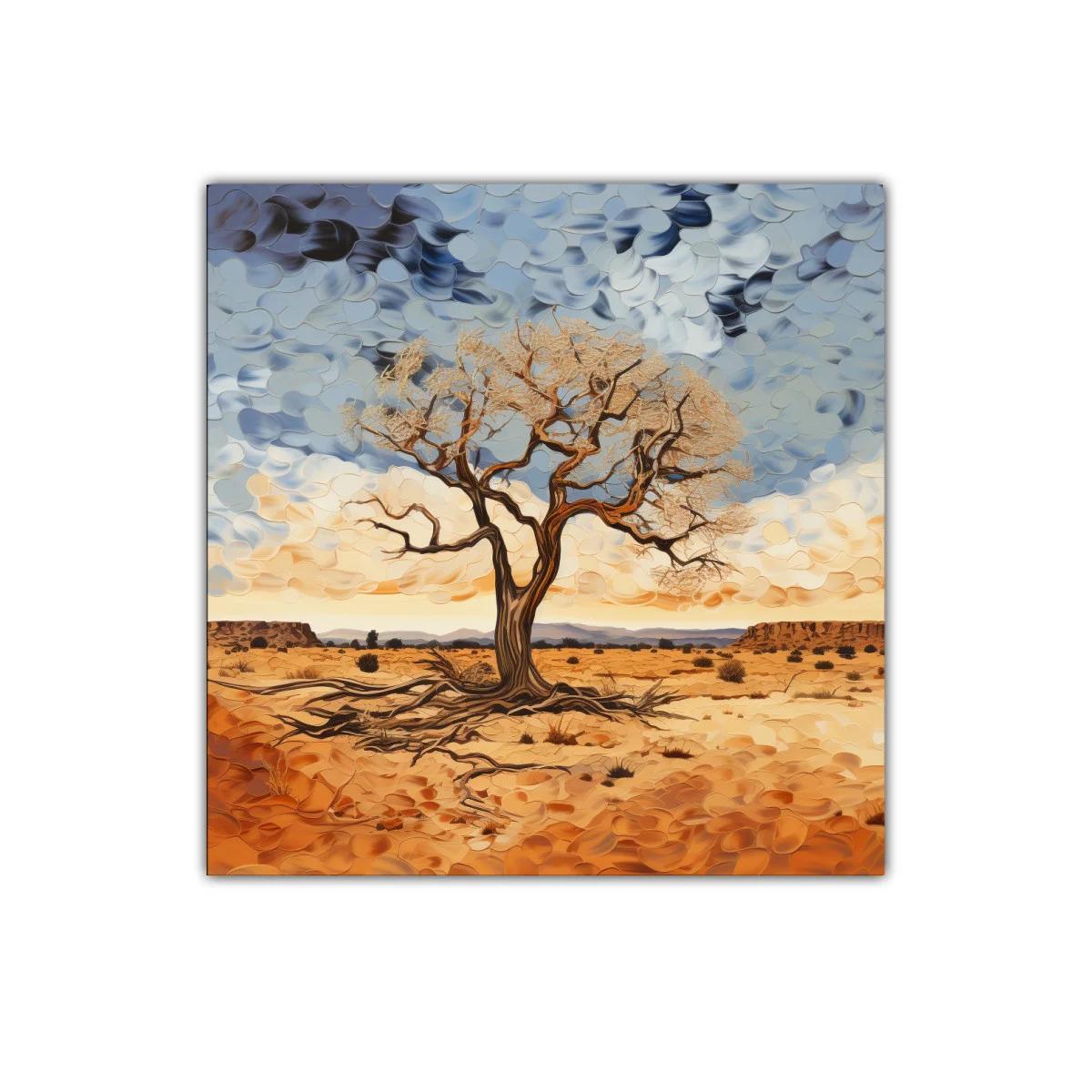 Árbol solitario en paisaje desértico con cielo dramático