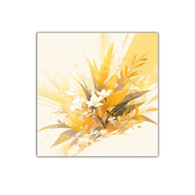 Cuadro decorativo con ramo de flores cálidas y doradas