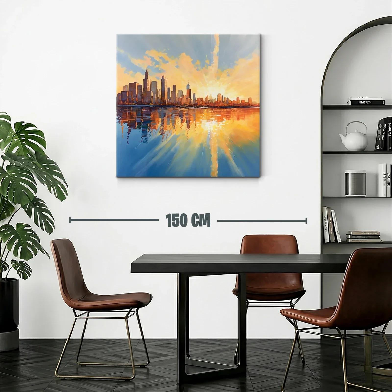 Atardecer vibrante sobre horizonte urbano reflejado en agua — miniatura 2