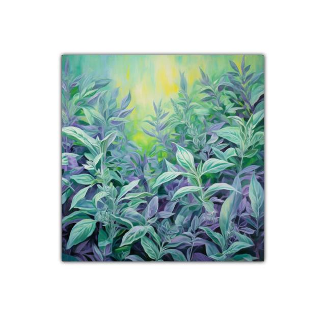 Cuadro decorativo de follaje exuberante en tonos verdes y lilas