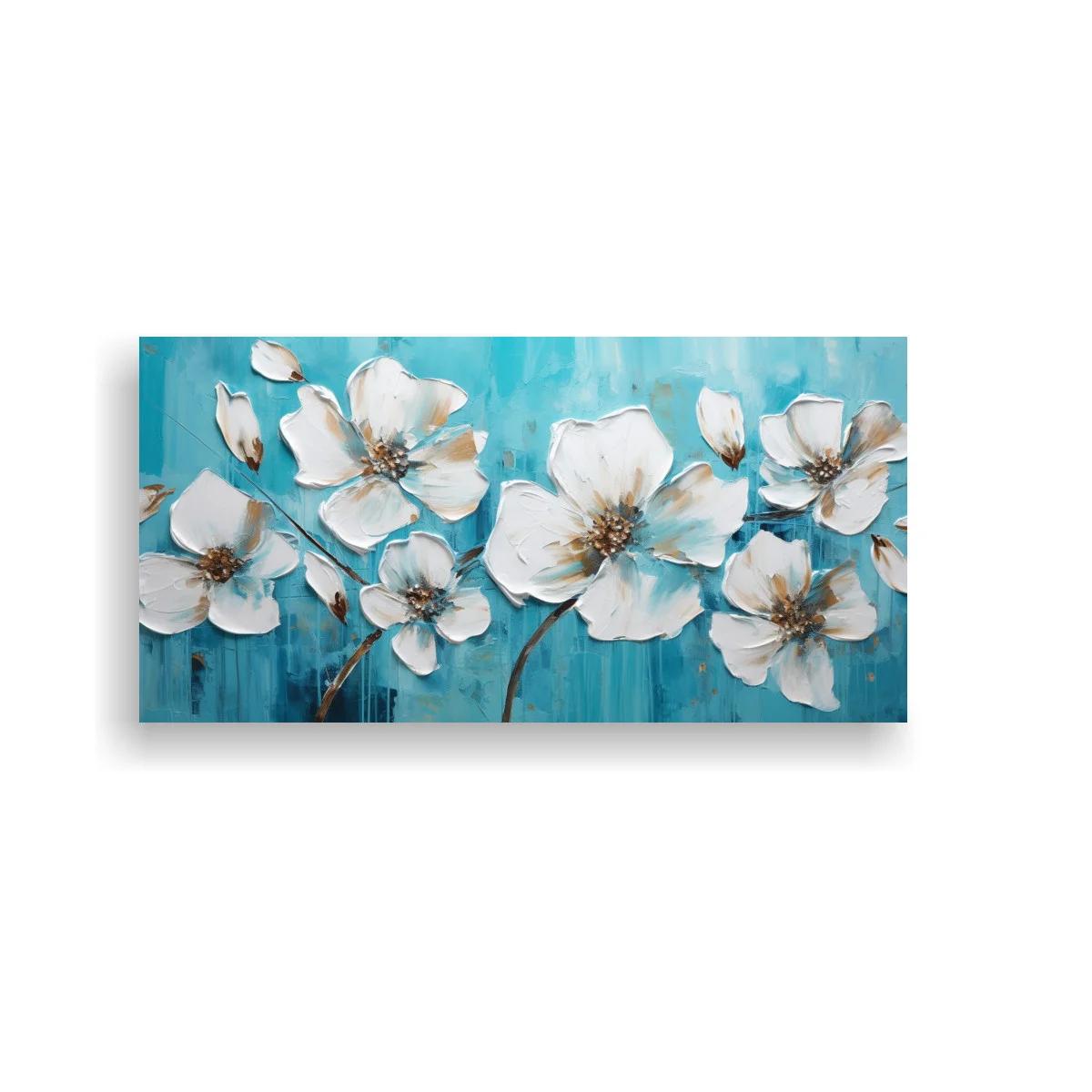 Cuadro flores blancas tipo magnolia sobre fondo turquesa