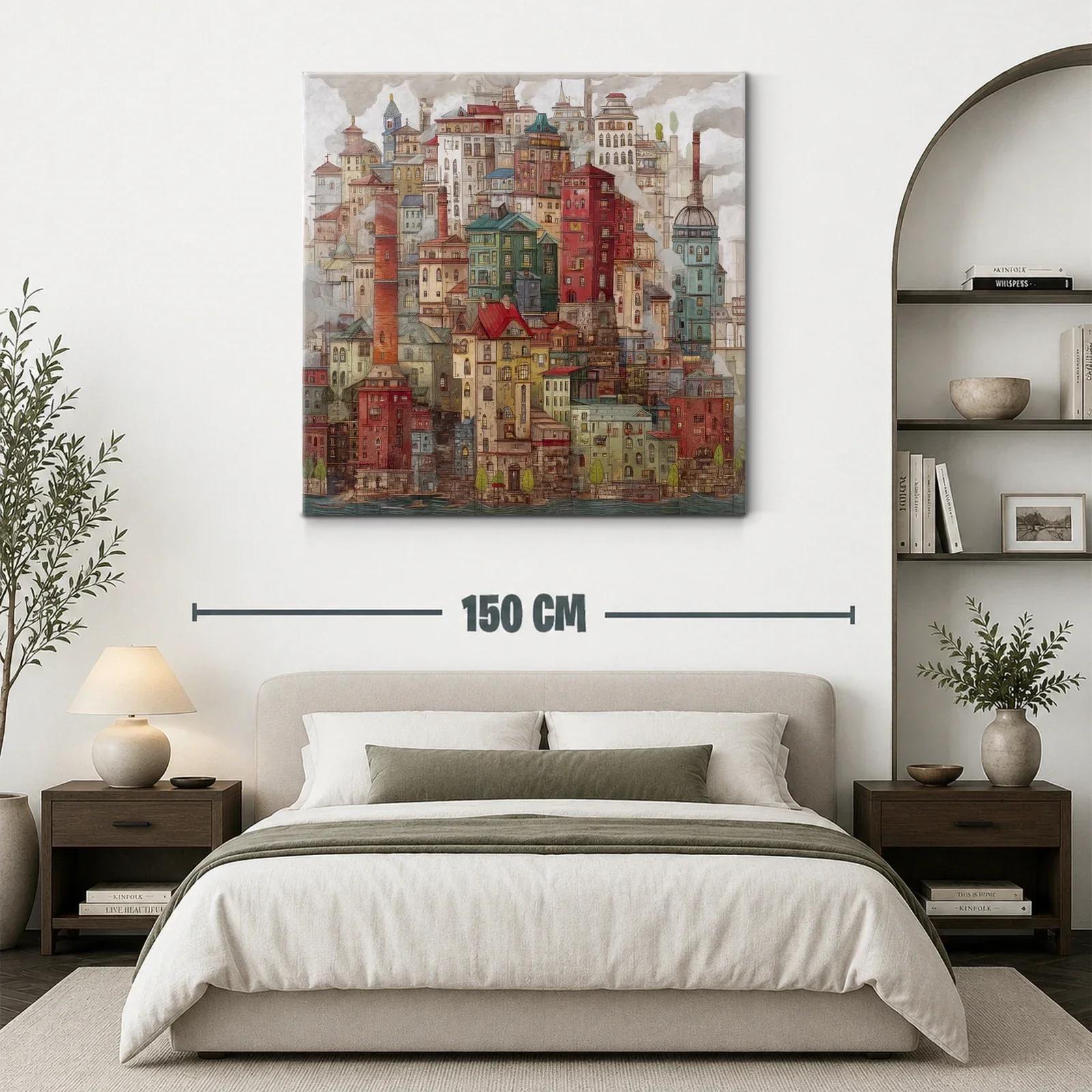 Ciudad onírica de casas densas y chimeneas humeantes — miniatura 3