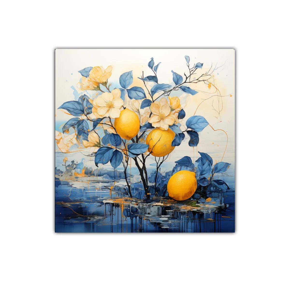 Cuadro decorativo con limones y flores en tonos azul y amarillo — imagen principal