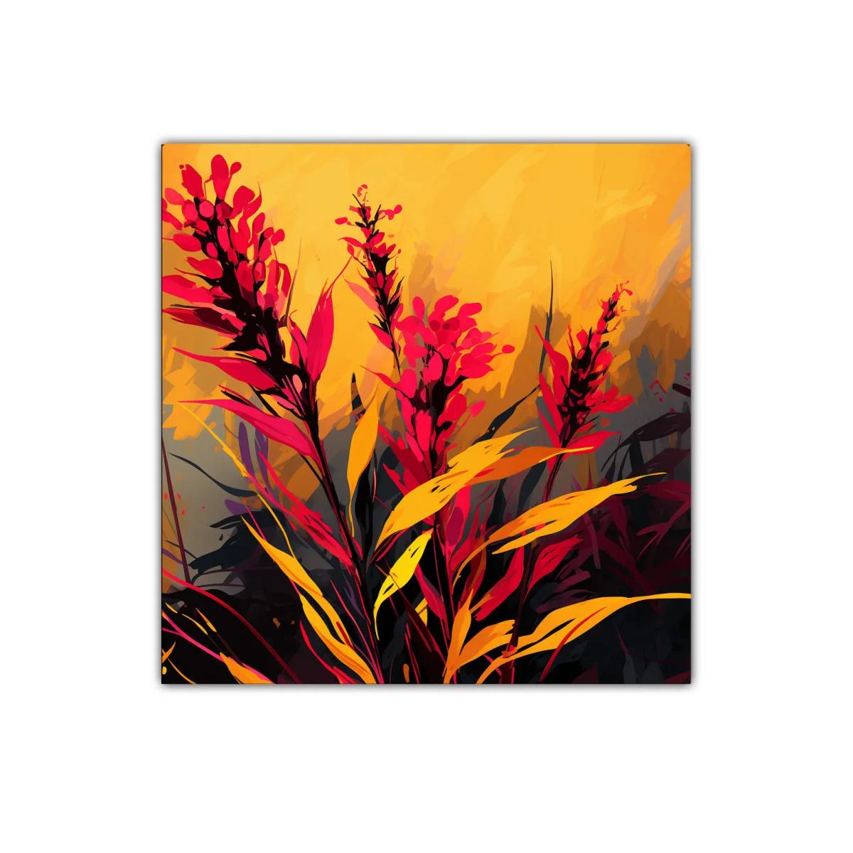 Cuadro decorativo con flores rojas y hojas doradas vibrantes