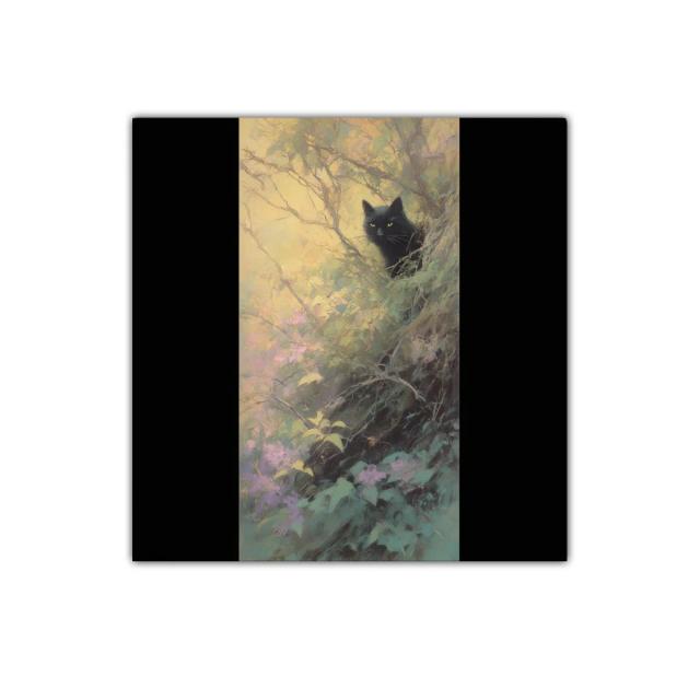 Gato negro en bosque mágico con tonos pastel