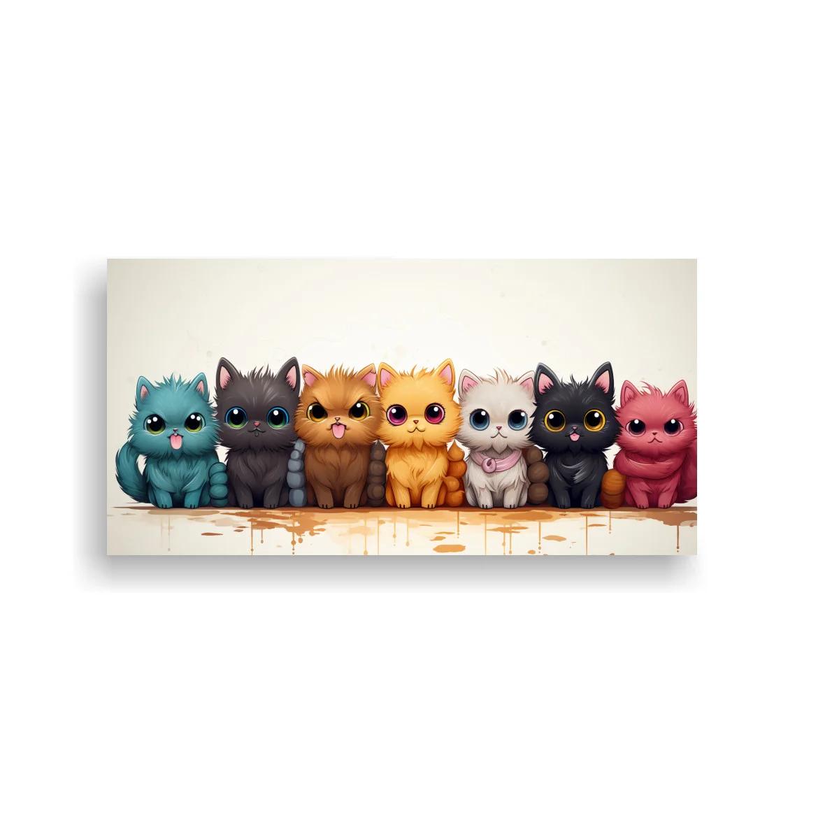 Cuadro fila de gatitos de colores con salpicaduras de pintura
