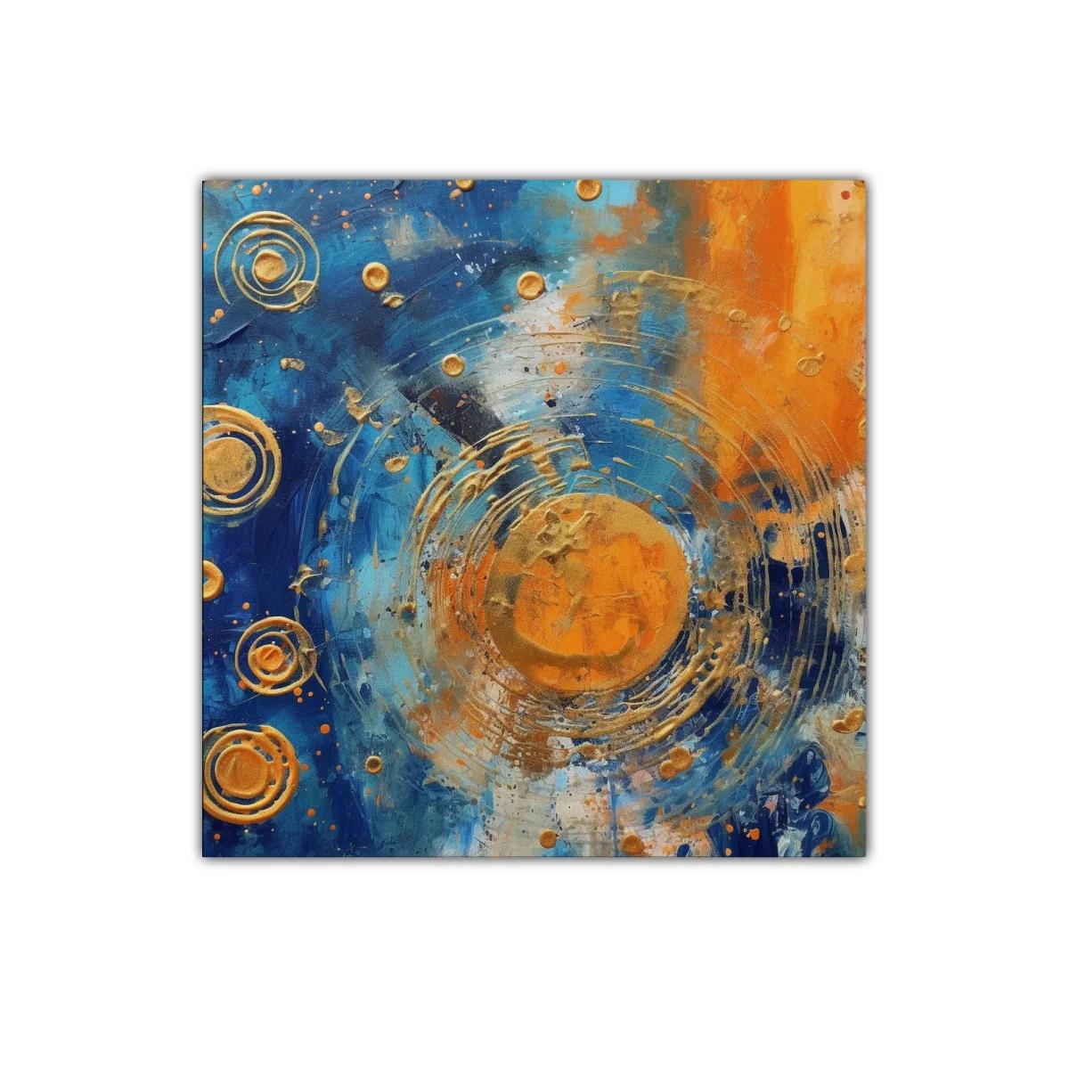 Cuadro abstracto con círculos dorados y contraste azul naranja