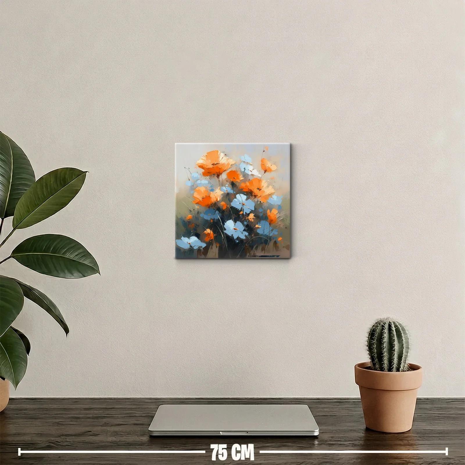 Cuadro moderno con flores naranjas y azules vibrantes — miniatura 2