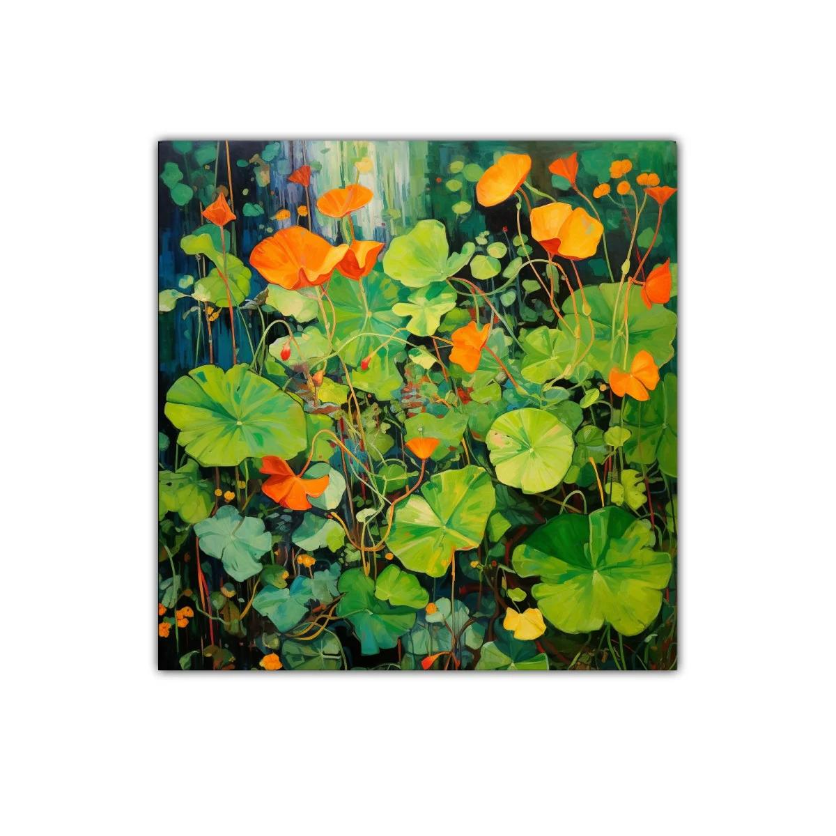 Cuadro decorativo con vibrantes flores naranjas y hojas verdes