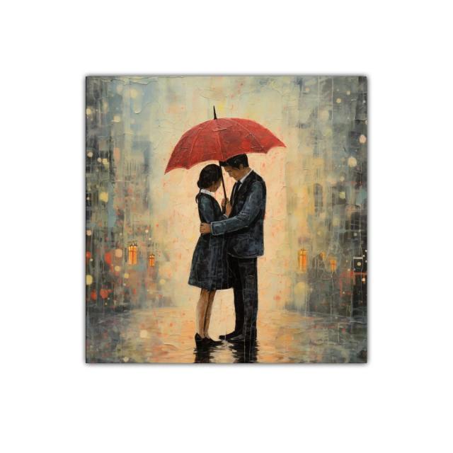 Romántico abrazo bajo un paraguas rojo en la lluvia