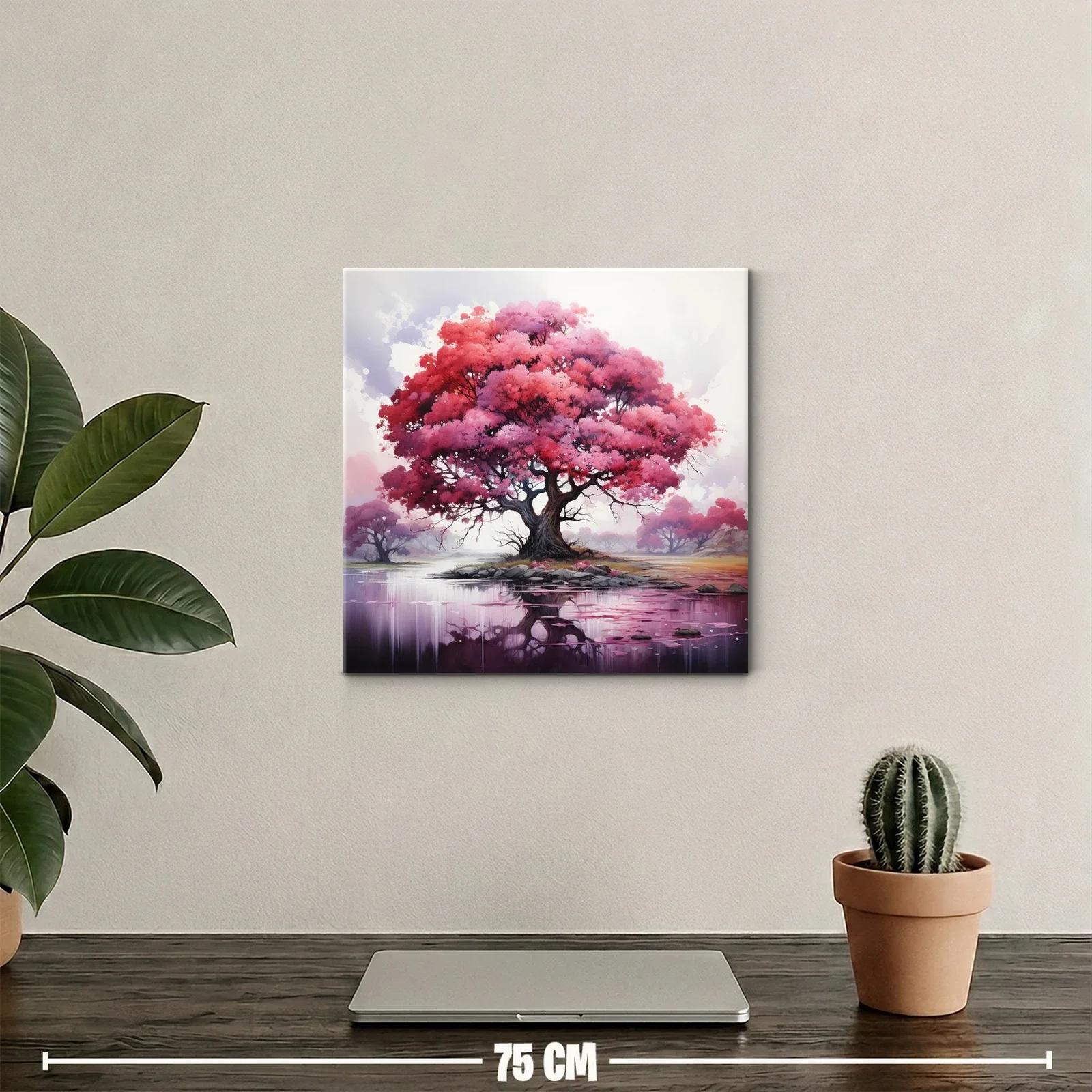 Árbol rosa con reflejo en lago sereno y místico — miniatura 2
