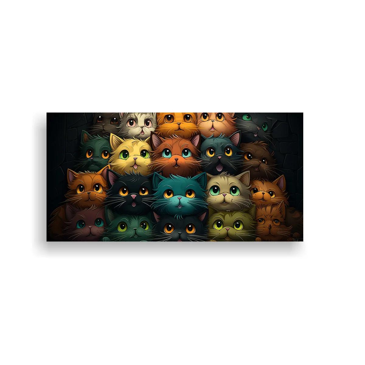 Cuadro grupo de gatos de ojos grandes sobre fondo oscuro