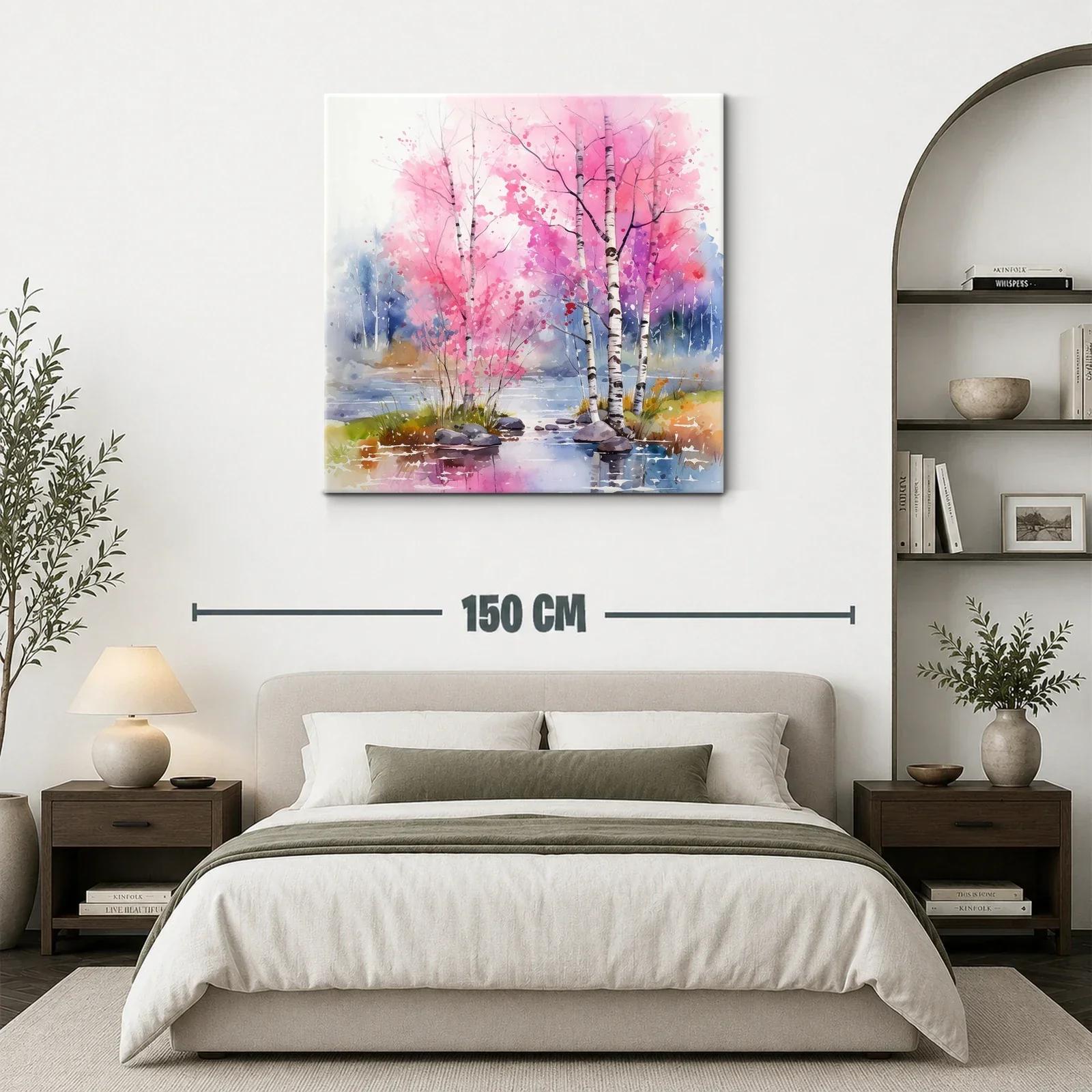 Paisaje sereno con árboles rosas y reflejos en el agua — miniatura 3