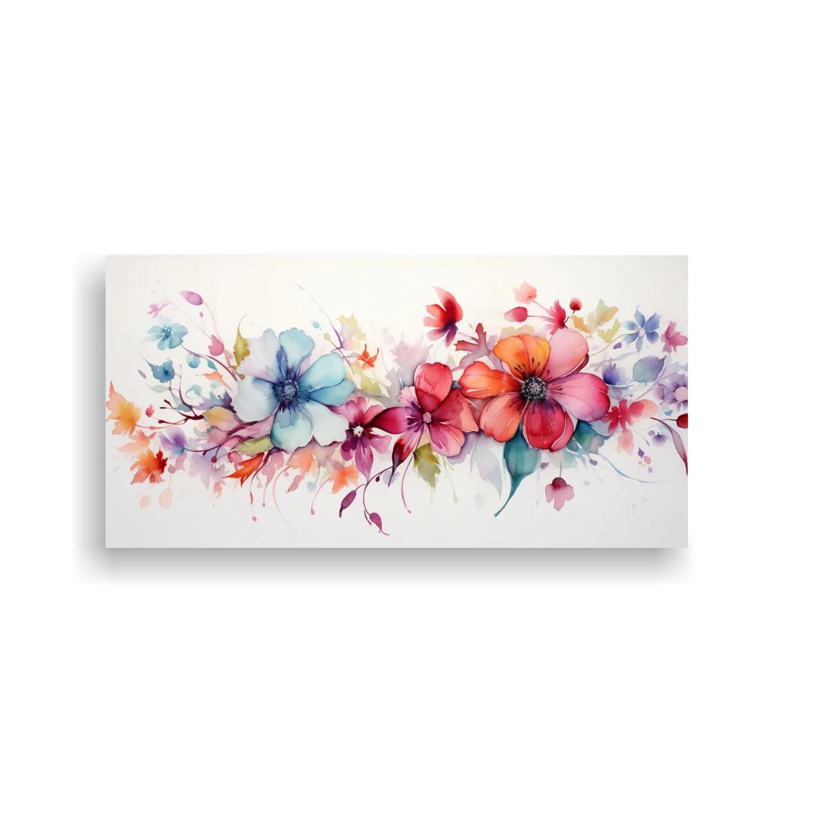 Cuadro ramo de flores en acuarela con flores rosadas y azul clara