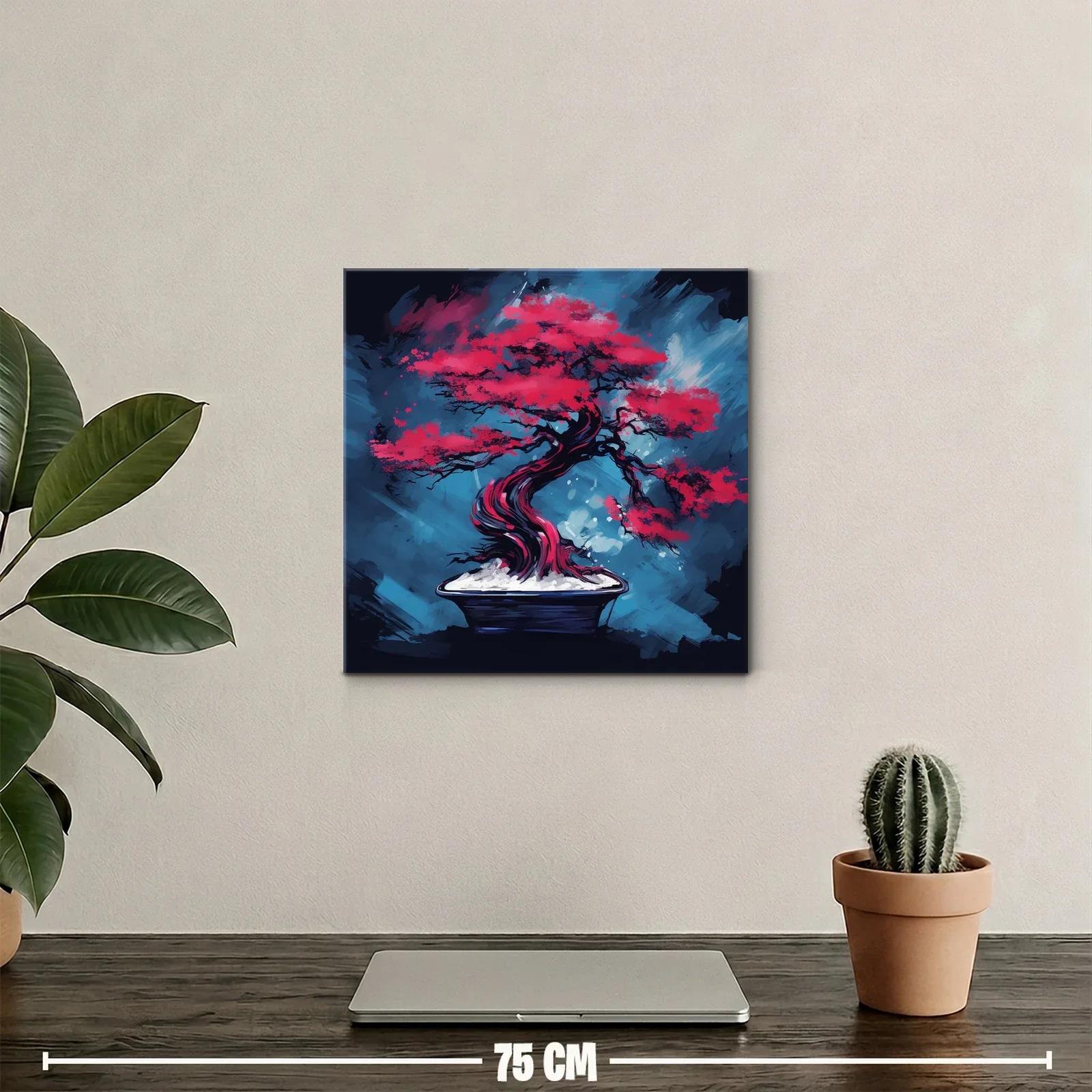 Árbol bonsái rojo intenso sobre fondo azul vibrante — miniatura 2