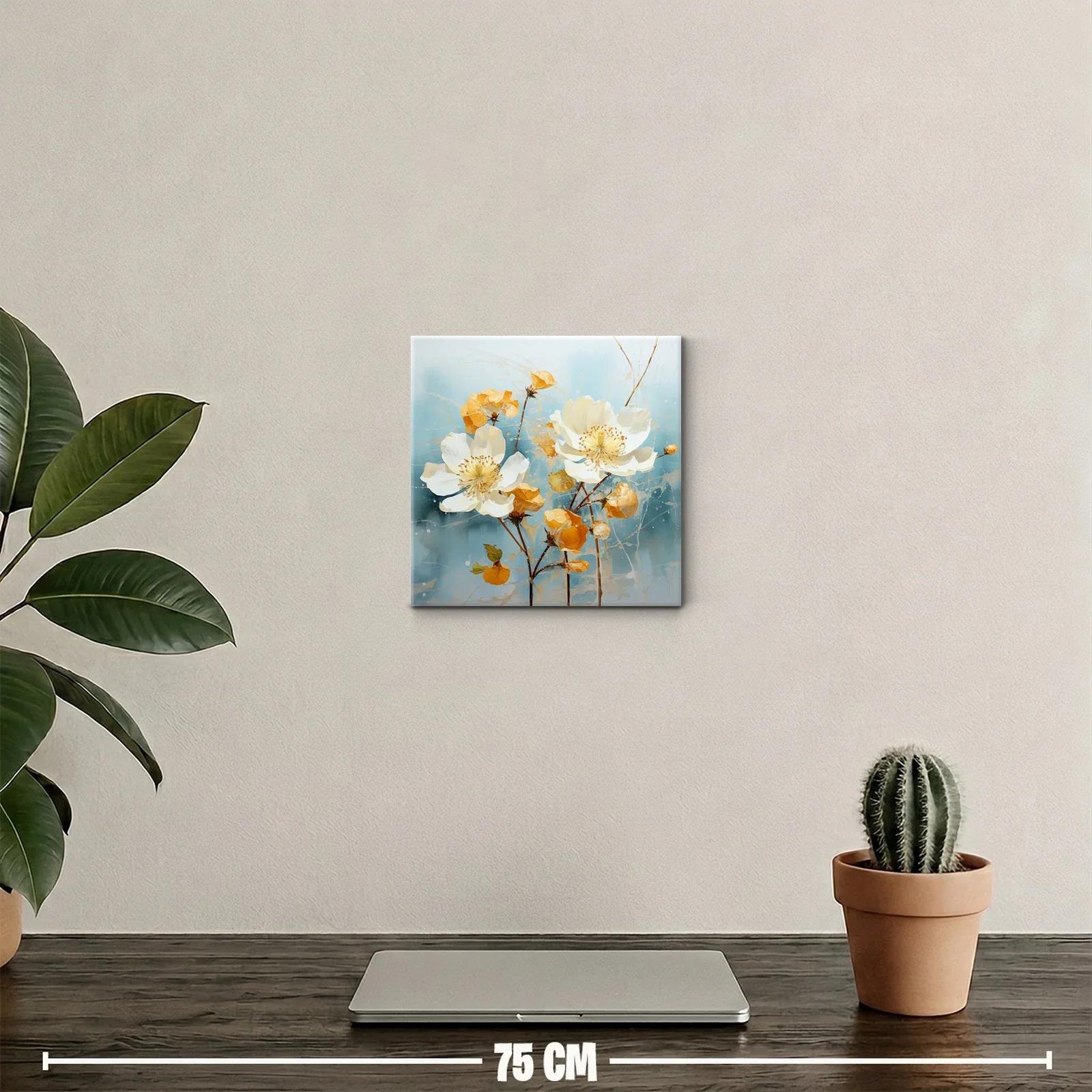 Cuadro con flores blancas y tonos cálidos sobre fondo azul — miniatura 2