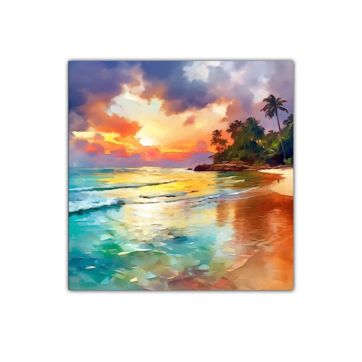 Atardecer tropical con palmeras y mar tranquilo