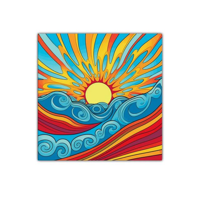 Cuadro decorativo sol radiante sobre olas estilizadas