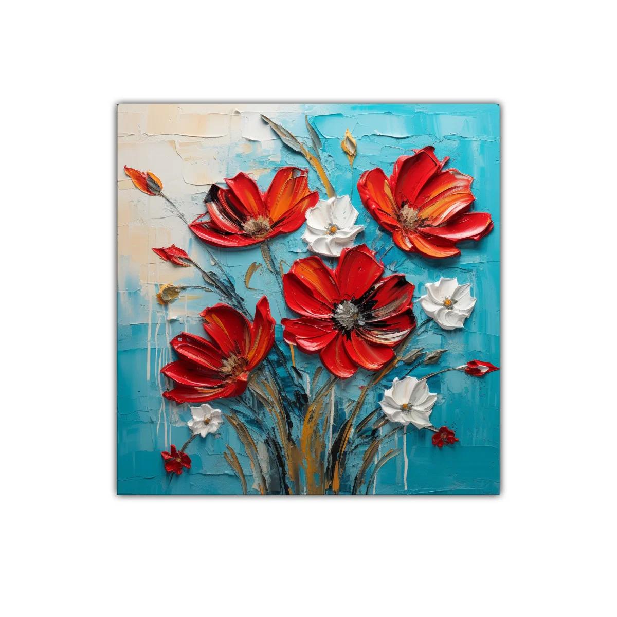 Cuadro floral vibrante con flores rojas y blancas sobre fondo azul