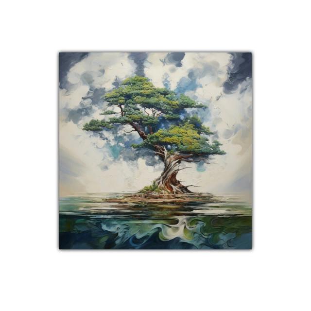 Árbol solitario con ramas expansivas sobre agua tranquila