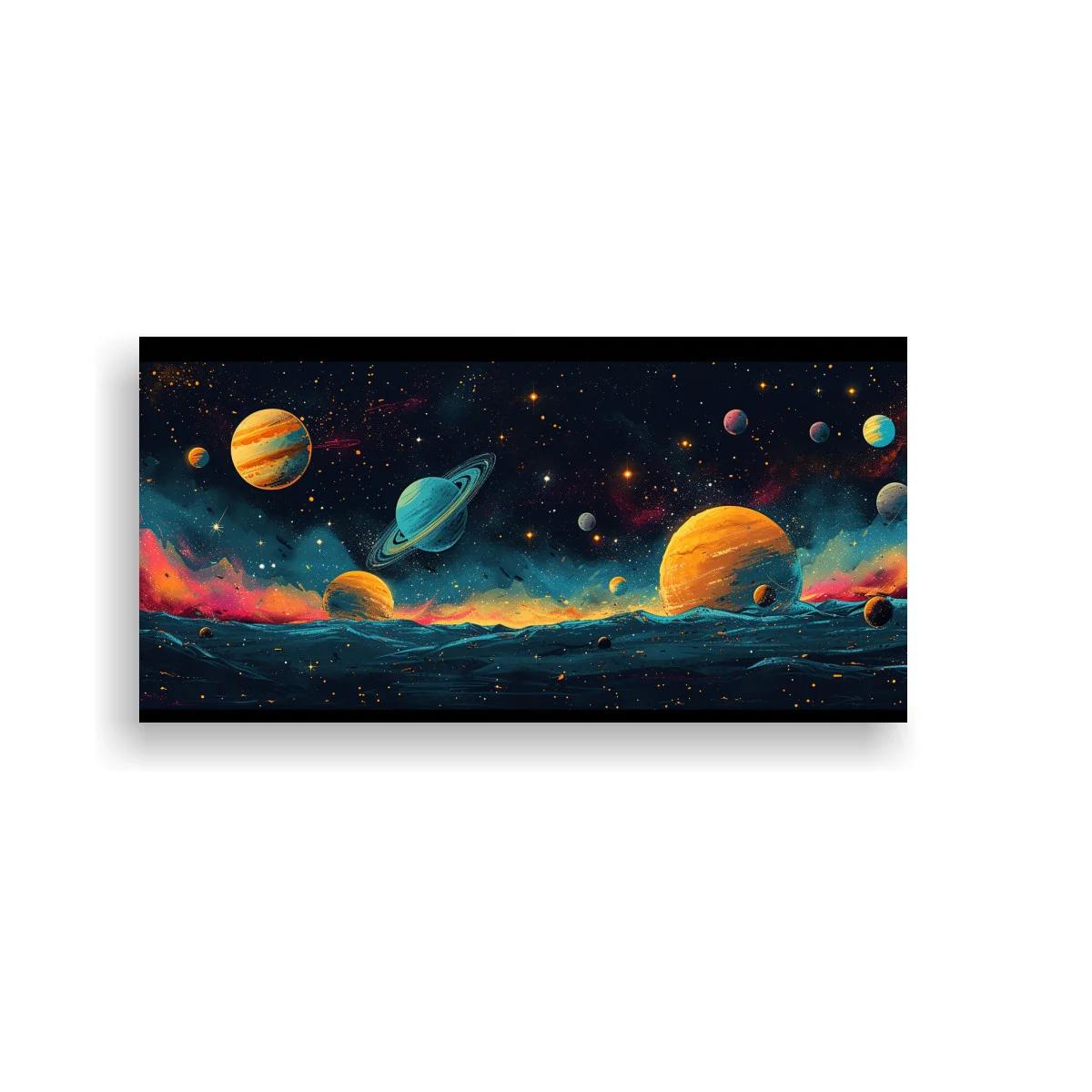 Cuadro planetas en el espacio con gran planeta anaranjado