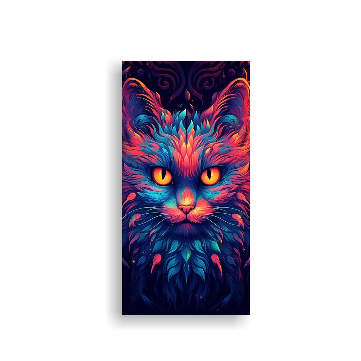 Cuadro gato de pelo largo con ojos amarillos y fondo arabesco