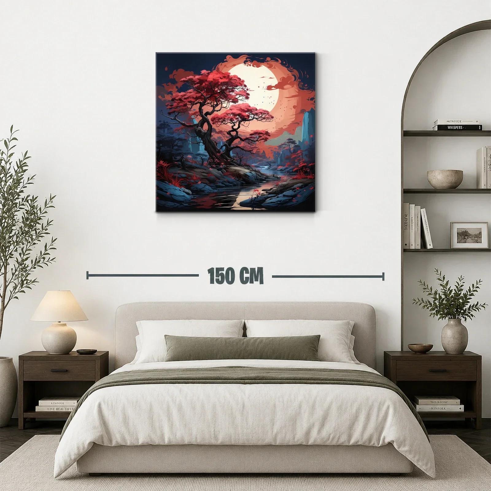 Paisaje mágico con árbol rojo bajo una luna enorme — miniatura 3