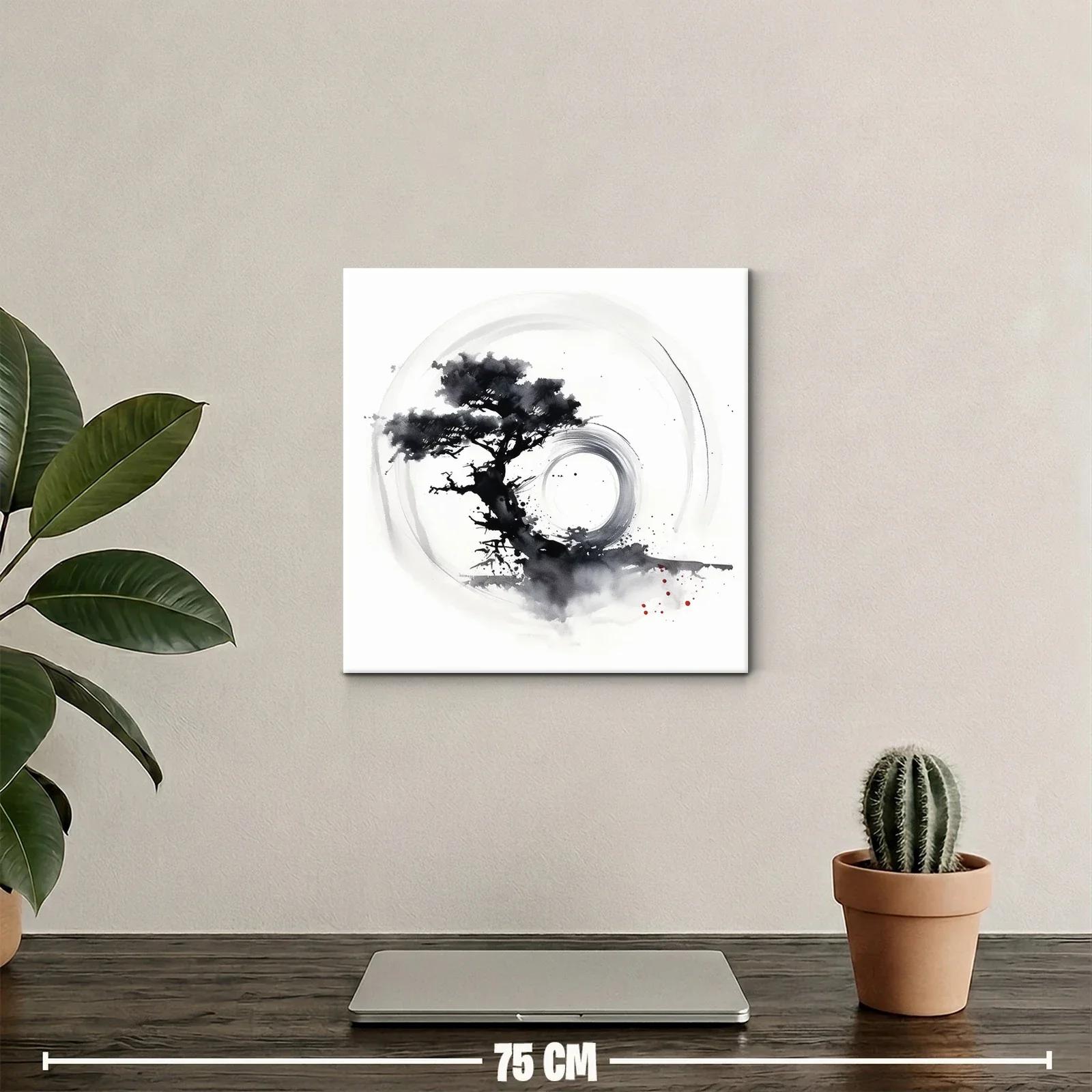 Cuadro árbol zen con círculo en tinta monocroma — miniatura 2