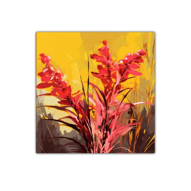 Cuadro decorativo con flores rojas y fondo amarillo vibrante